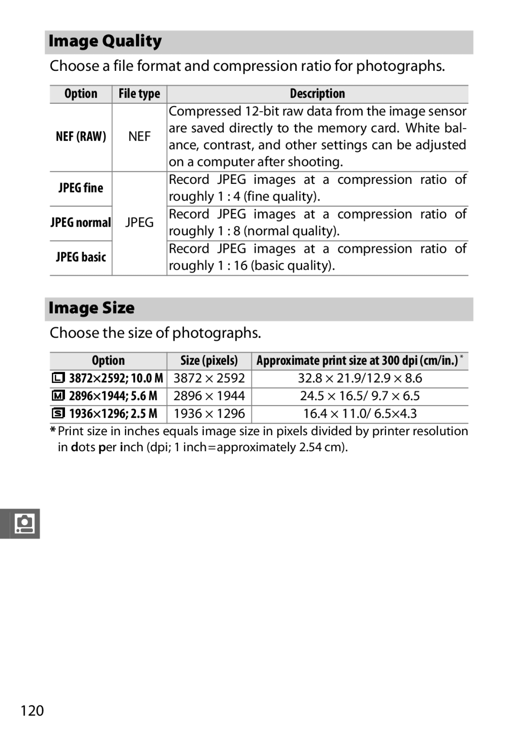 Nikon S1 White, 27631, 27619 Image Quality, Image Size, Choose a file format and compression ratio for photographs, 120 