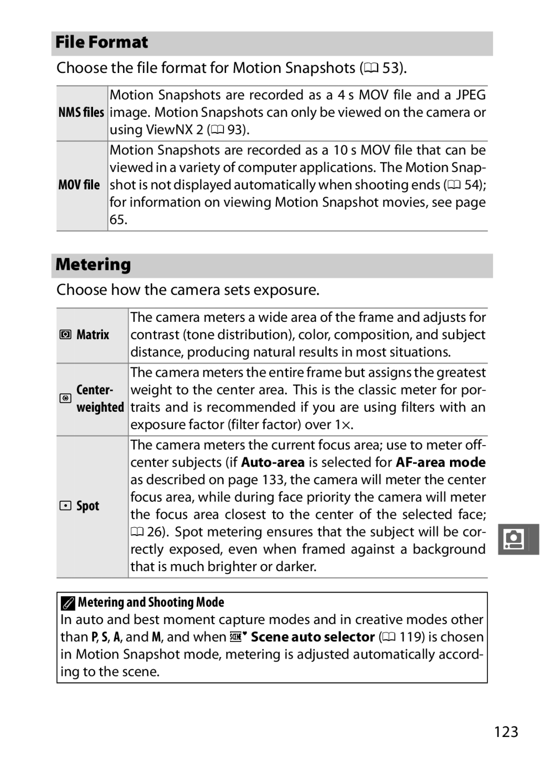 Nikon 27629 File Format, Metering, Choose the file format for Motion Snapshots 0, Choose how the camera sets exposure, 123 