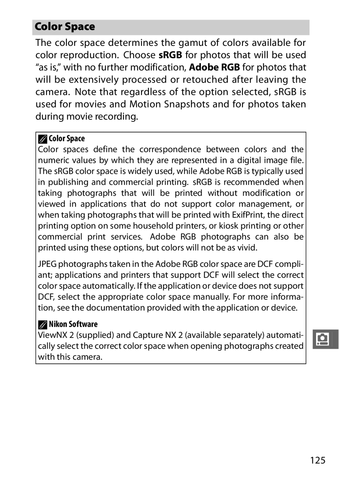 Nikon 27619, 27631, S1 White, S1 Red, 27629 manual 125, AColor Space, ANikon Software 