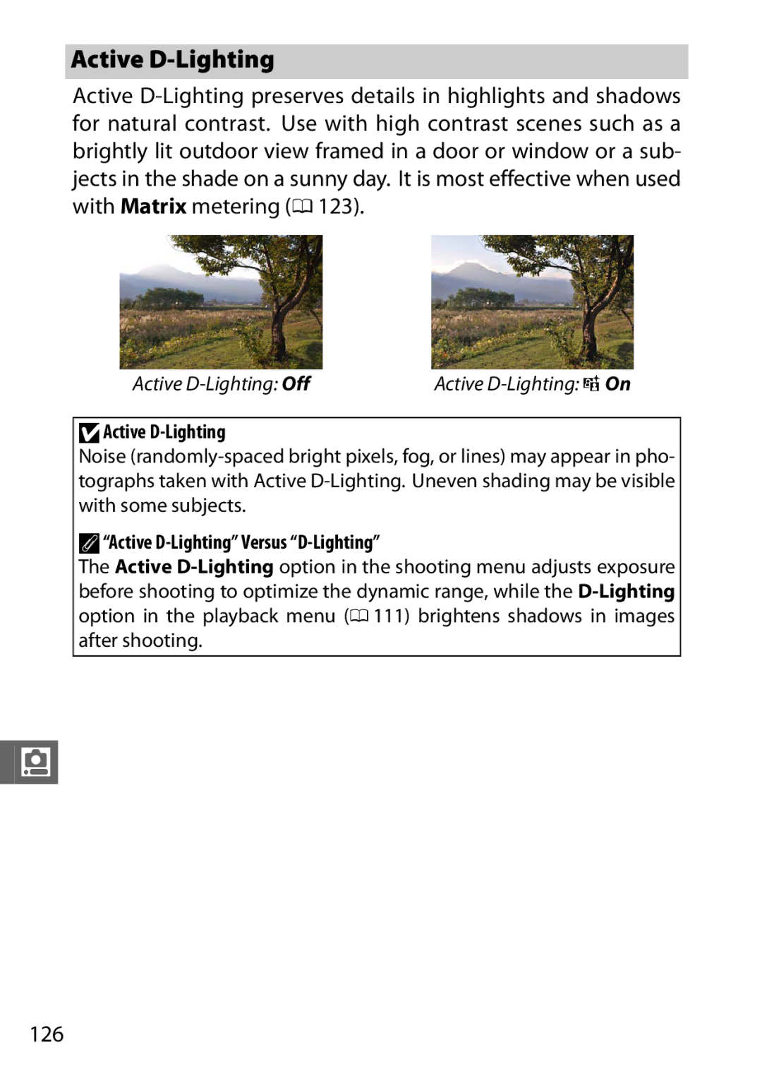 Nikon S1 White, 27631, 27619, S1 Red, 27629 manual 126, Active D-Lighting Versus D-Lighting 