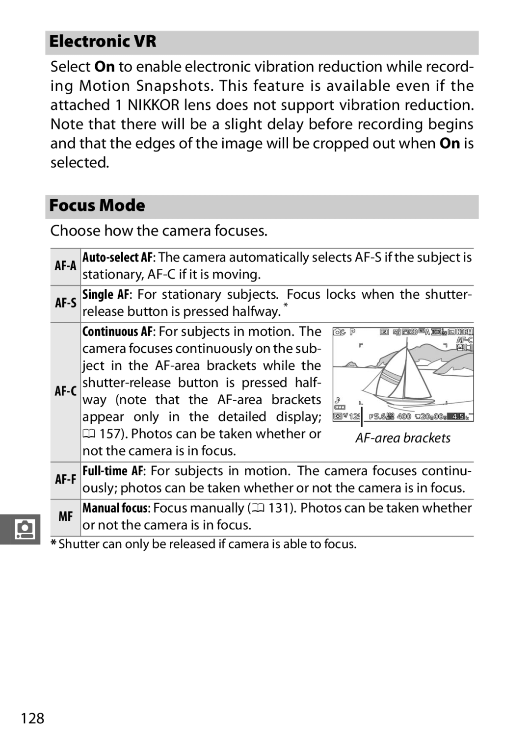 Nikon 27631, 27619, S1 White, S1 Red, 27629 manual Electronic VR, Focus Mode, Choose how the camera focuses, 128 