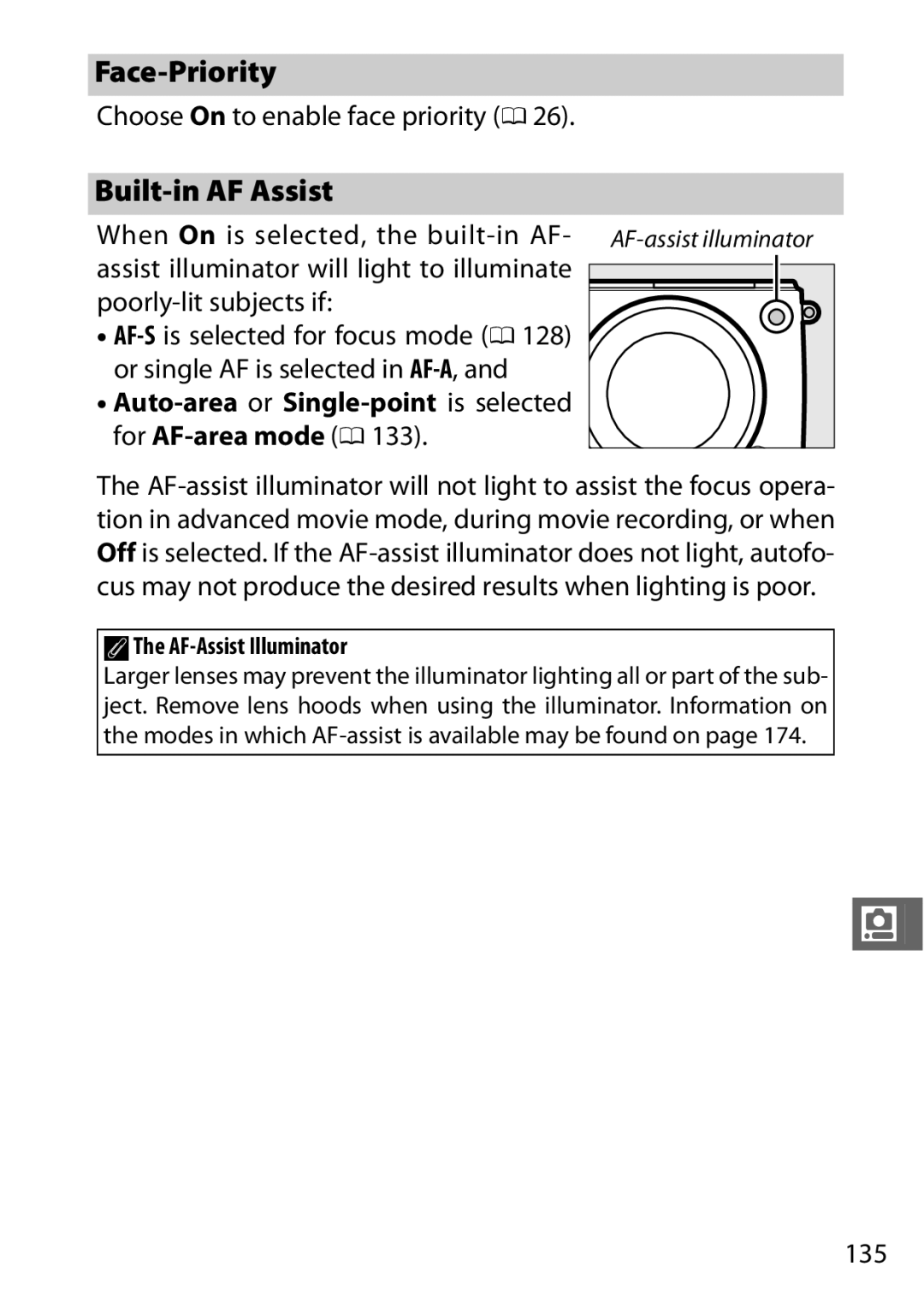 Nikon 27629, 27631, 27619, S1 White, S1 Red manual Face-Priority, Built-in AF Assist, Choose On to enable face priority 0, 135 