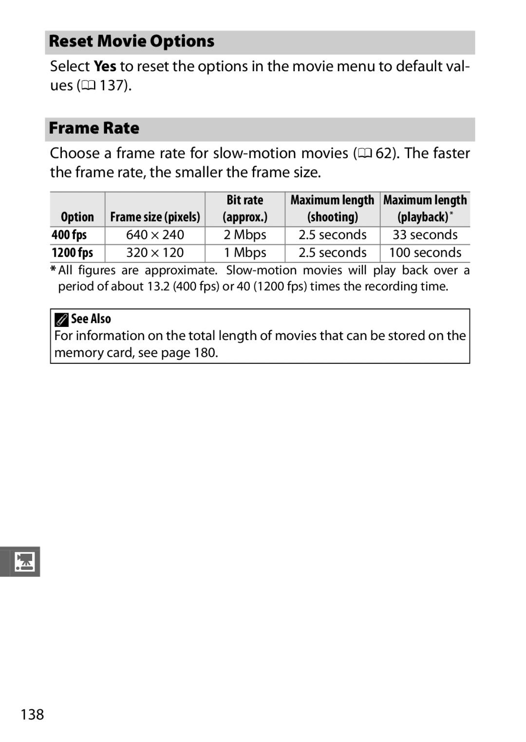 Nikon S1 White, 27631, 27619, S1 Red, 27629 manual Reset Movie Options, Frame Rate, 138, Bit rate, 400 fps 