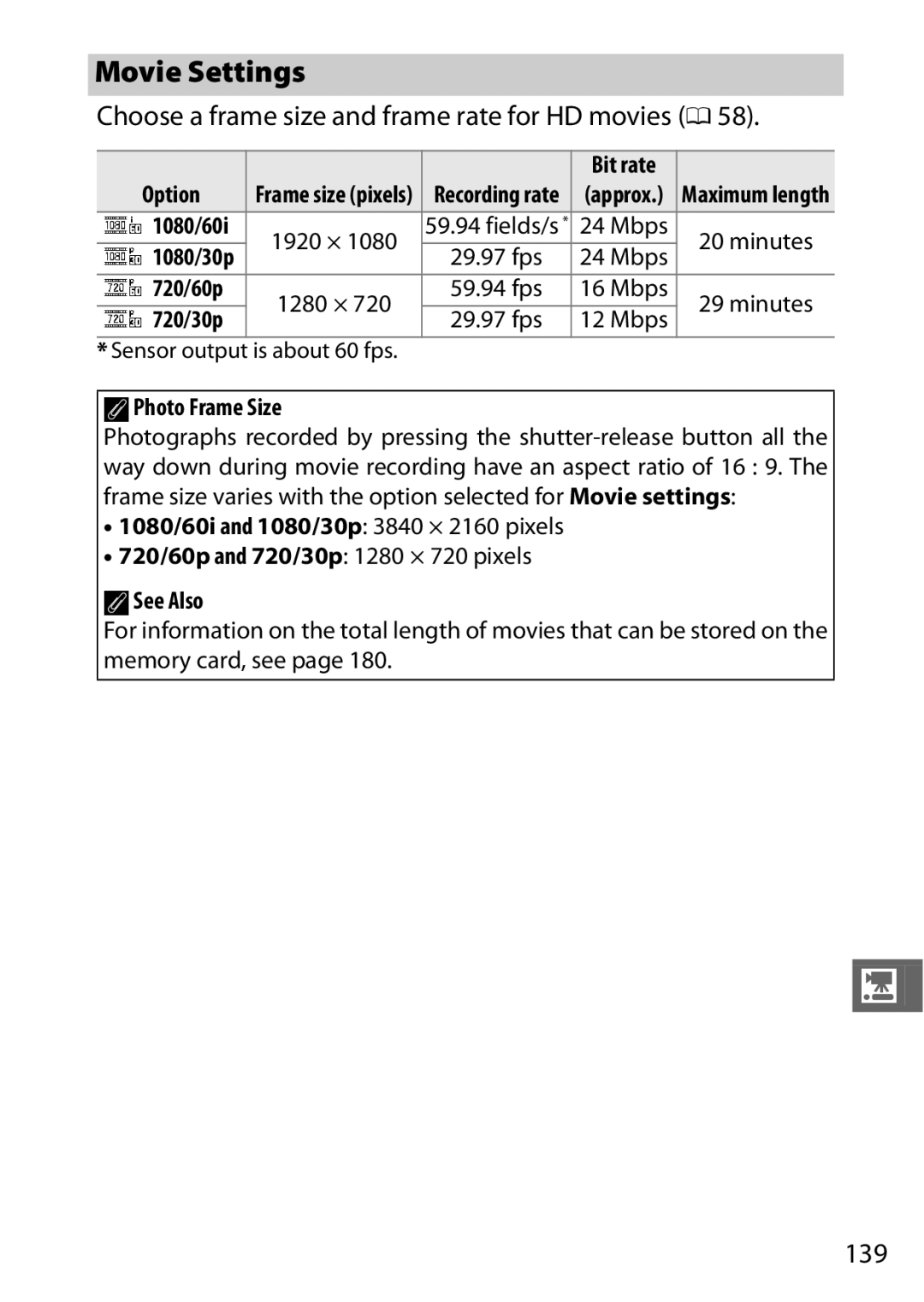 Nikon S1 Red, 27631, 27619, S1 White, 27629 manual Movie Settings, Choose a frame size and frame rate for HD movies 0, 139 