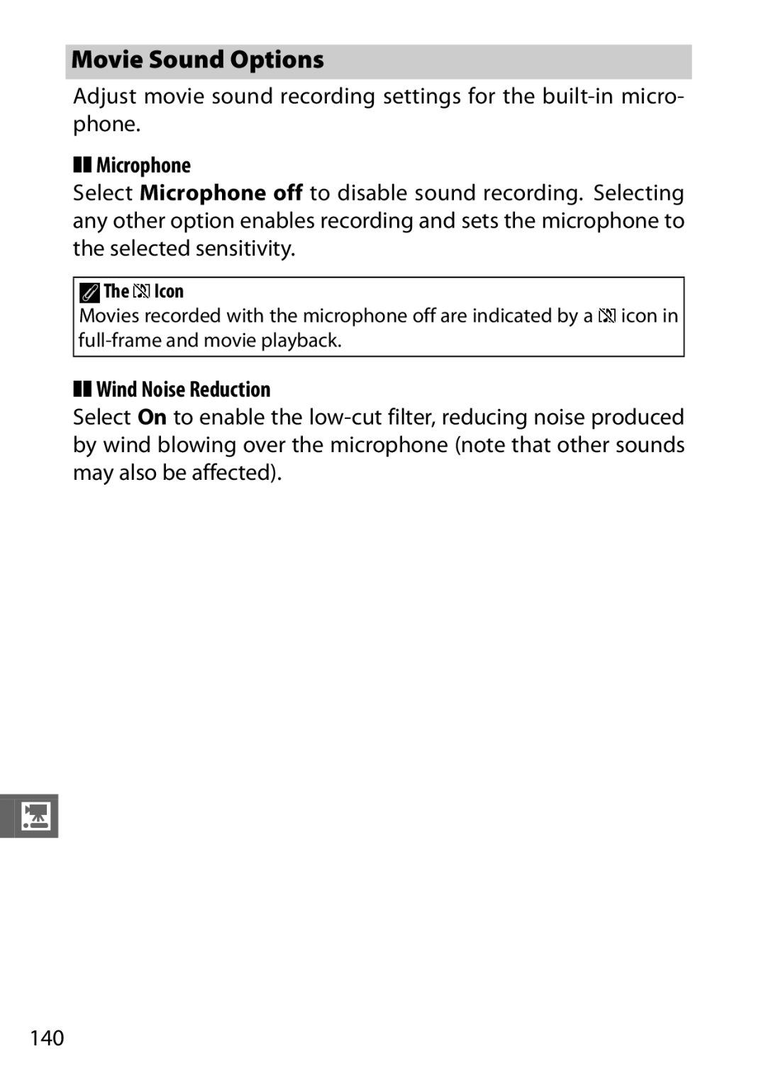 Nikon 27631, 27619, S1 White, S1 Red, 27629 manual Movie Sound Options, Microphone, Wind Noise Reduction, AThe 2Icon 