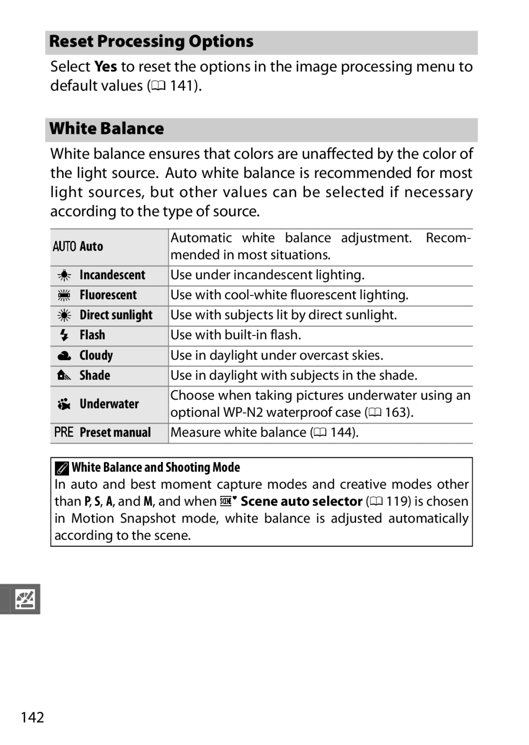 Nikon 27631, 27619, S1 White, S1 Red, 27629 manual Reset Processing Options, White Balance, 142 