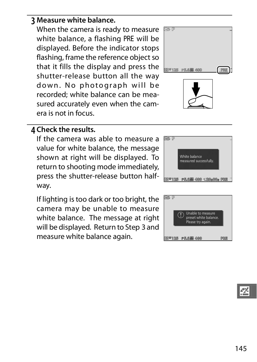 Nikon S1 Red, 27631, 27619, S1 White, 27629 manual Measure white balance, Check the results, 145 