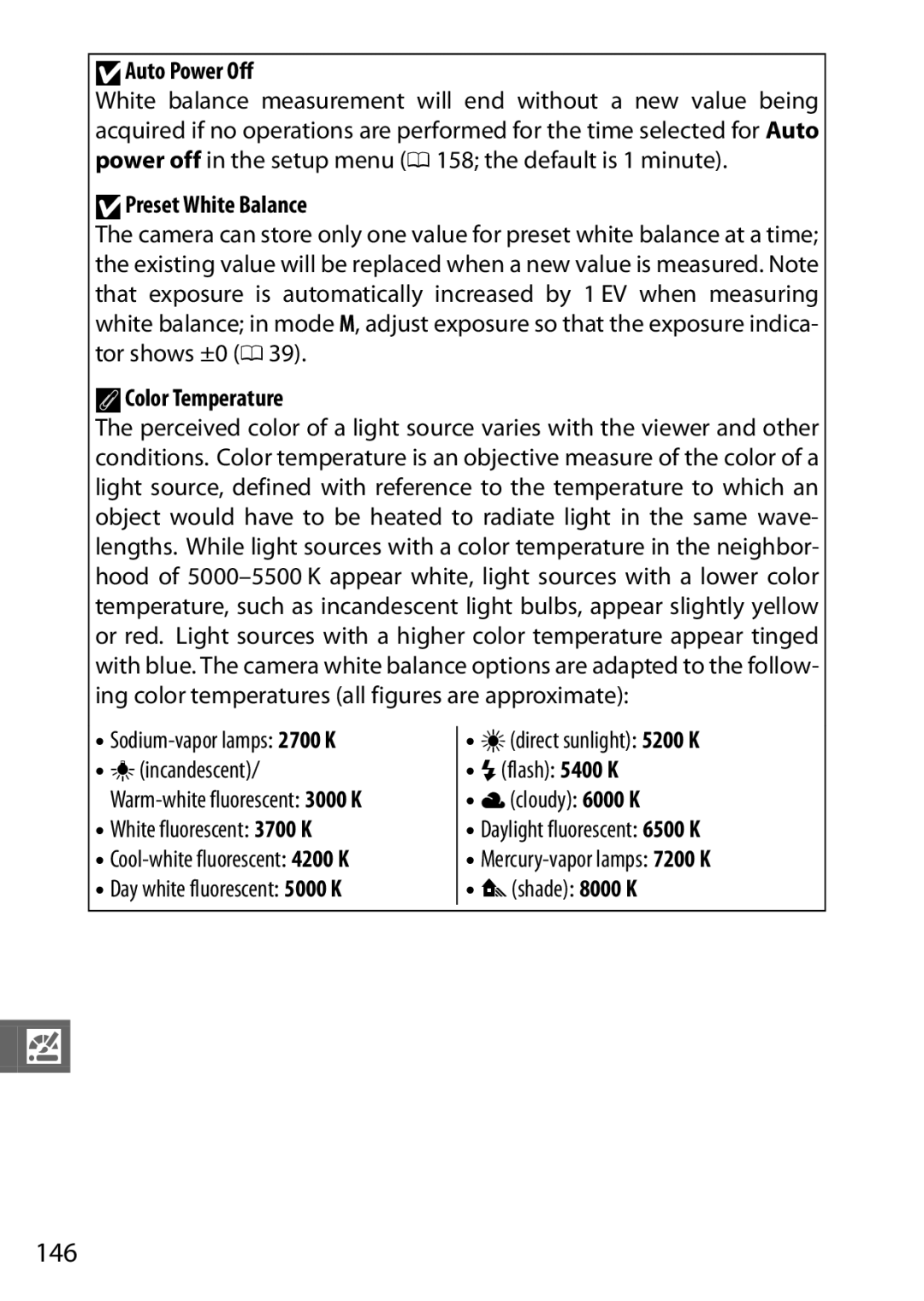 Nikon 27631, 27619, S1 White 146, DAuto Power Off, DPreset White Balance, AColor Temperature, Sodium-vapor lamps 2700 K 