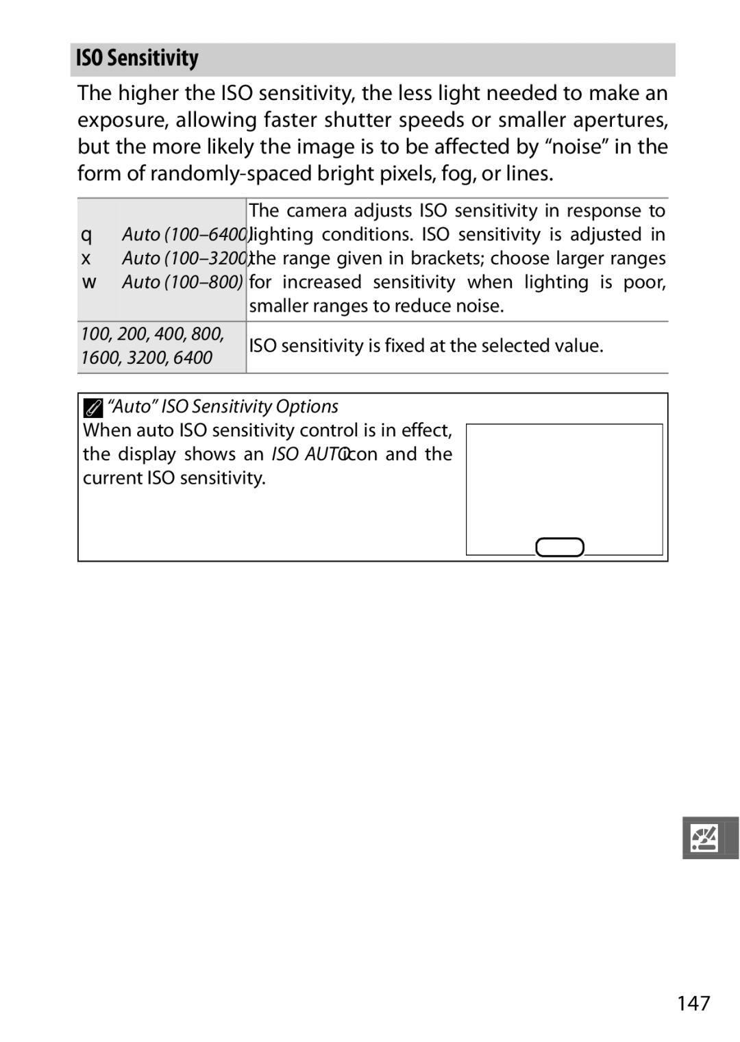 Nikon 27629, 27631, 27619, S1 White, S1 Red manual ISO Sensitivity, 147 