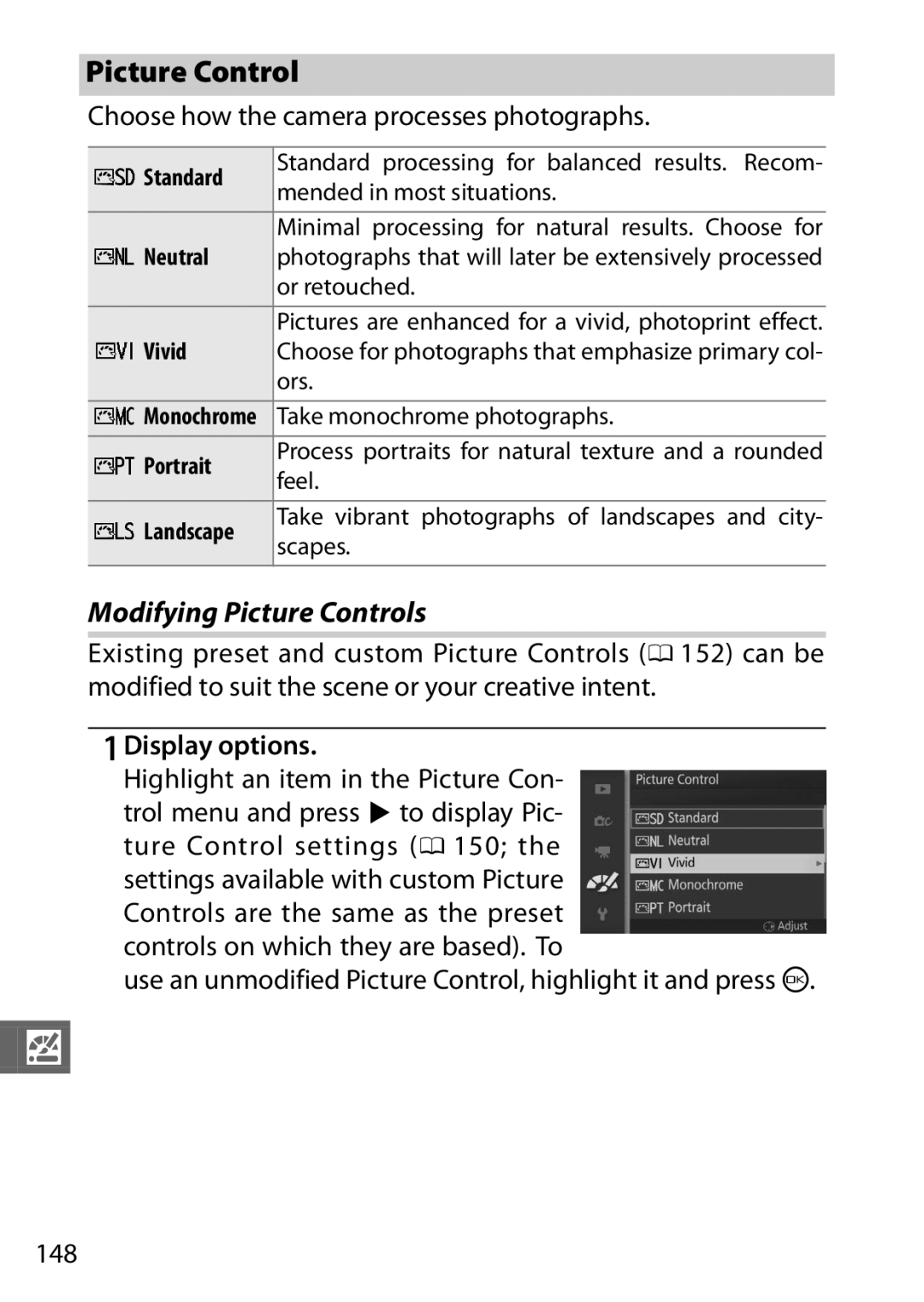 Nikon 27631, 27619, S1 White Modifying Picture Controls, Choose how the camera processes photographs, Display options 