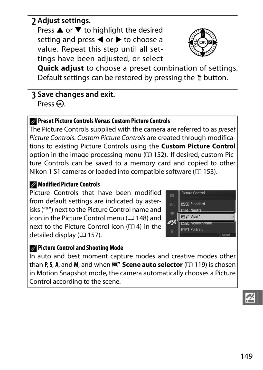 Nikon 27619, 27631, S1 White, S1 Red, 27629 manual Adjust settings, Save changes and exit. Press J, 149 