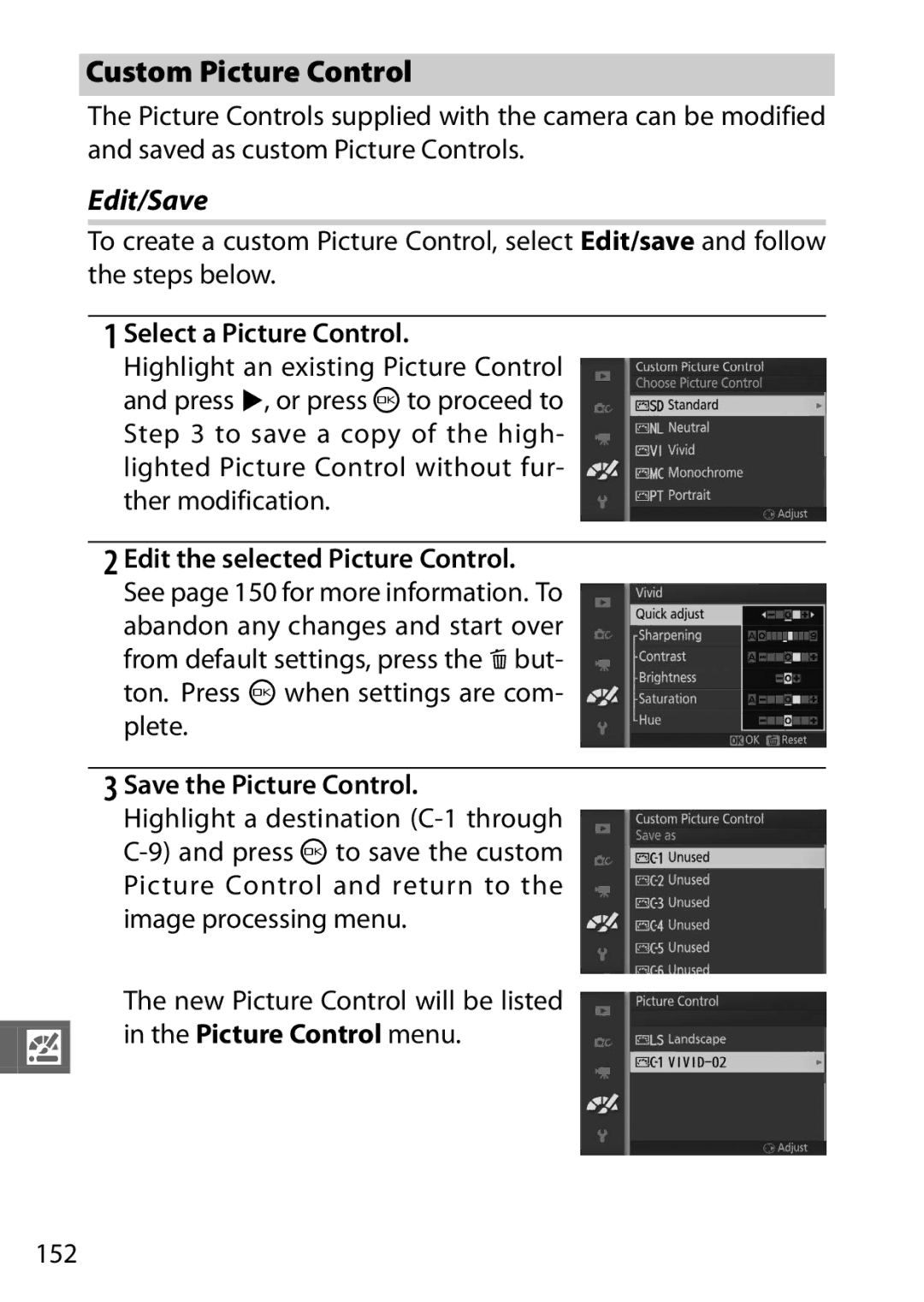 Nikon S1, 27631, 27619, 27629 Custom Picture Control, Edit/Save, Select a Picture Control, Edit the selected Picture Control 