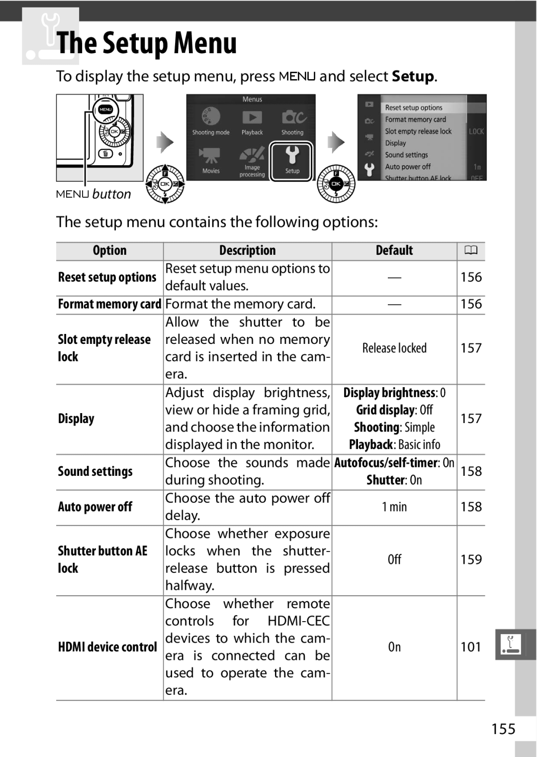 Nikon 27619, S1 To display the setup menu, press G and select Setup, Setup menu contains the following options, 155, Lock 