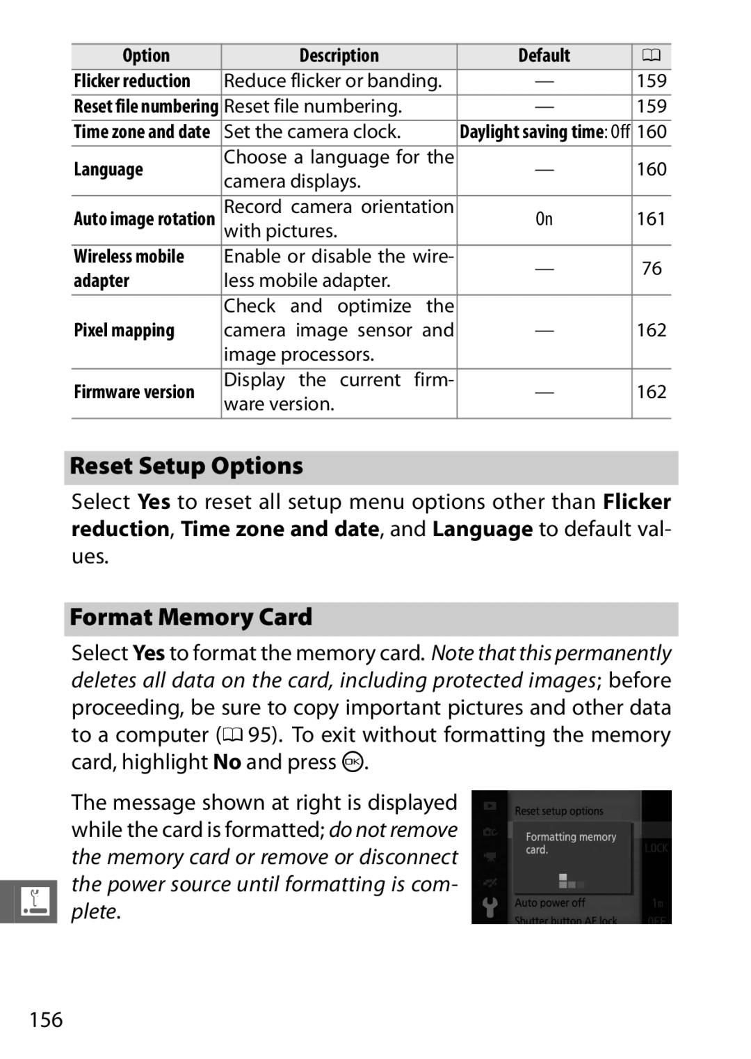 Nikon S1 White, 27631, 27619, S1 Red, 27629 manual Reset Setup Options, Format Memory Card, Language, Adapter, Pixel mapping 