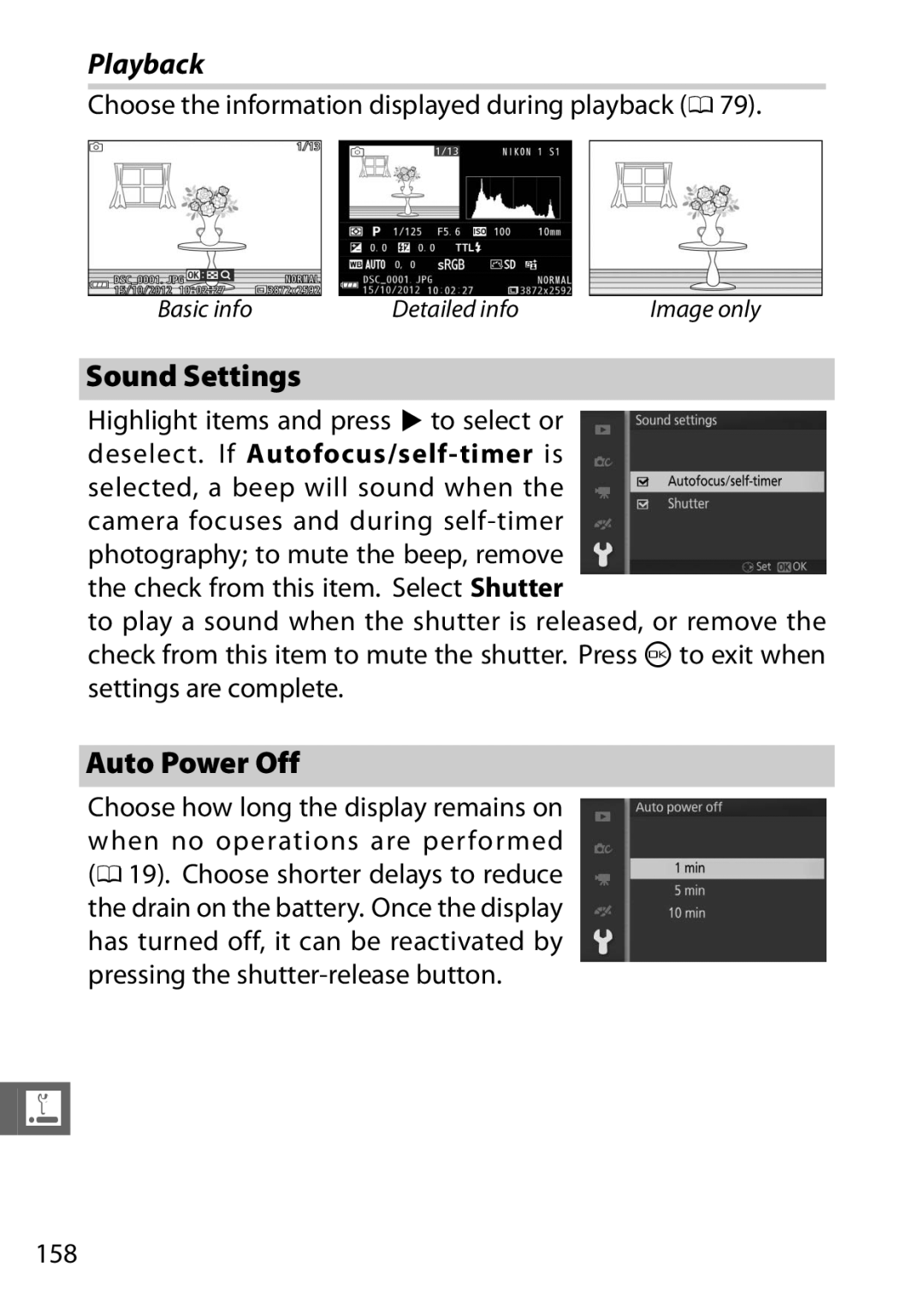 Nikon S1, 27631, 27619 Playback, Sound Settings, Auto Power Off, Choose the information displayed during playback 0, 158 