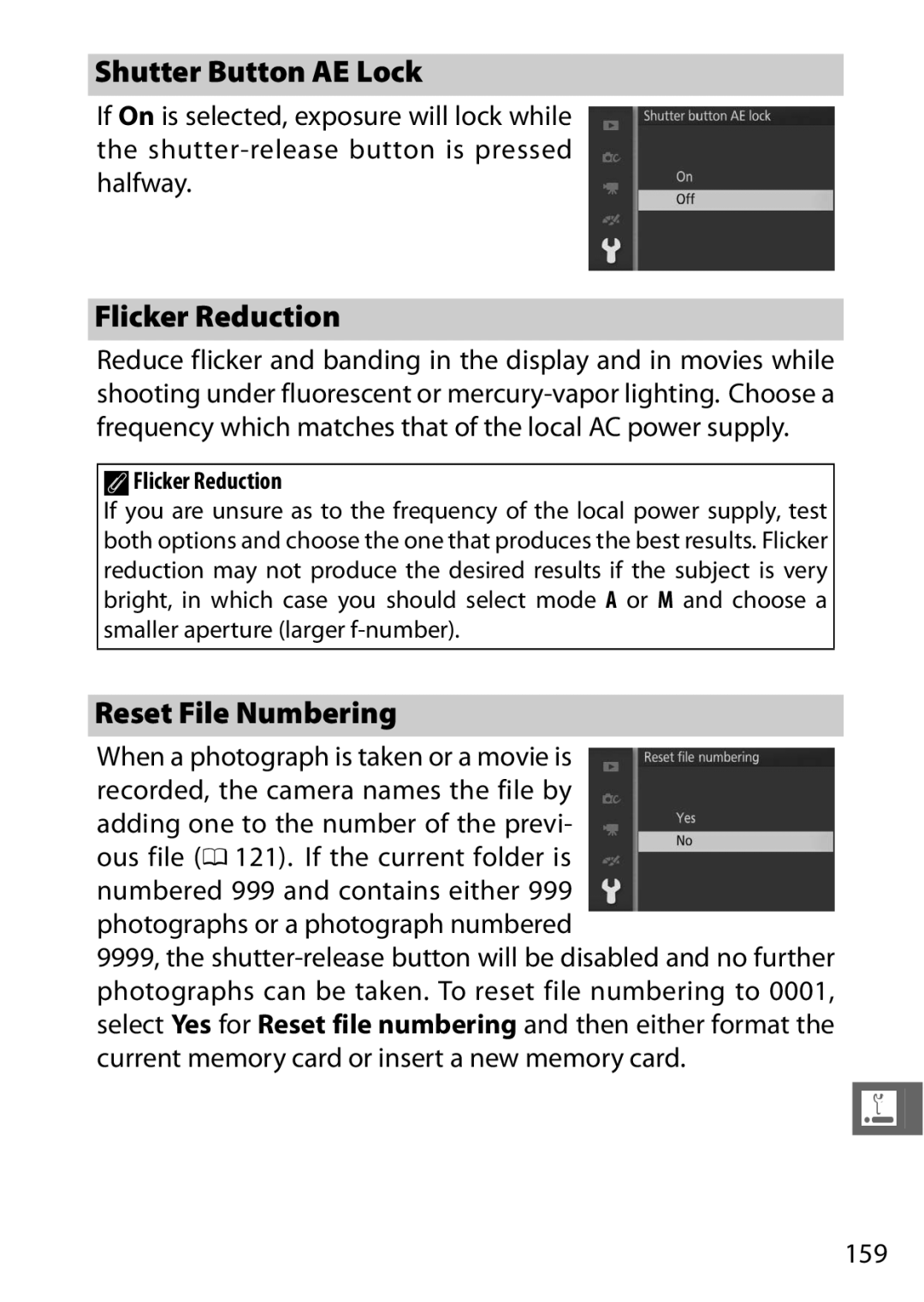 Nikon 27629, 27631, 27619, S1 White, S1 Red manual Shutter Button AE Lock, Reset File Numbering, 159, AFlicker Reduction 