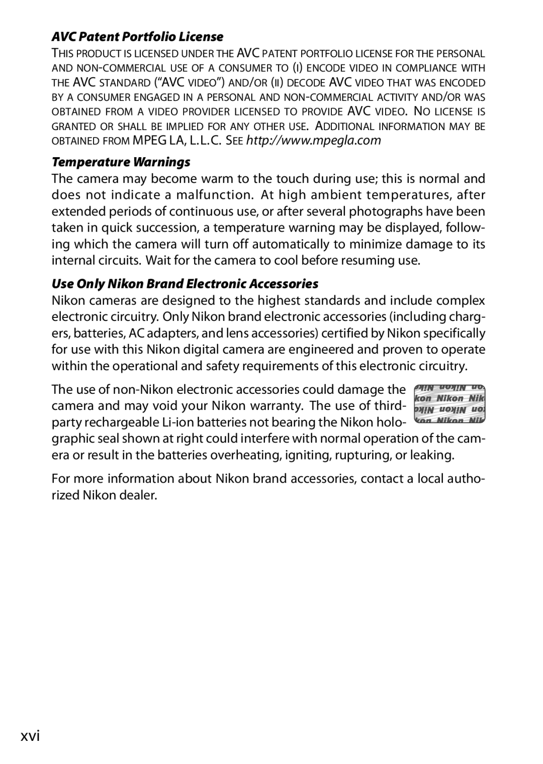 Nikon 27631, 27619, S1 White, S1 Red, 27629 manual Xvi, AVC Patent Portfolio License Temperature Warnings 