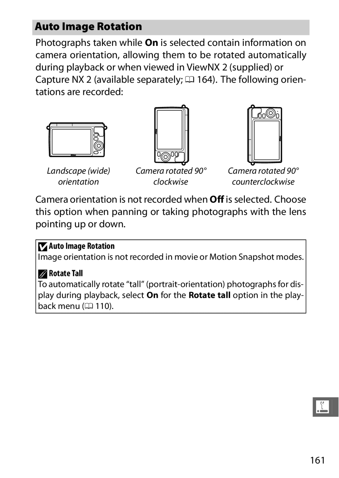 Nikon 27619, 27631, S1 White, S1 Red, 27629 manual 161, DAuto Image Rotation, ARotate Tall 