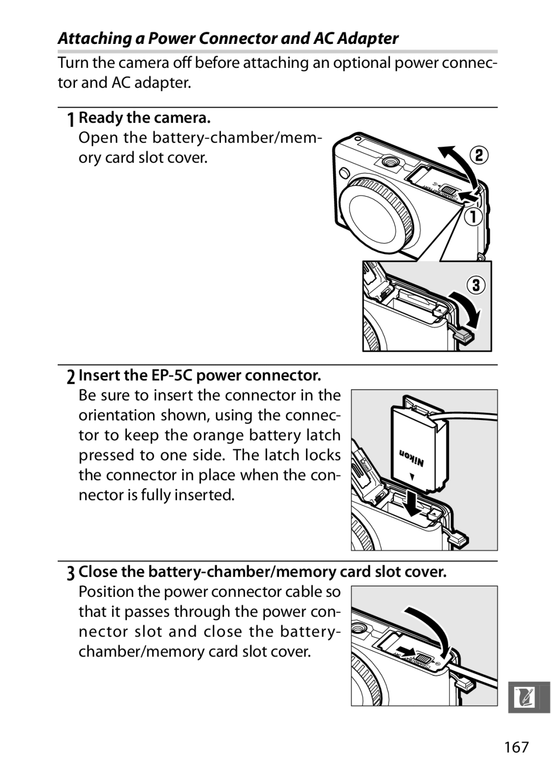 Nikon 27619, 27631, S1 White Attaching a Power Connector and AC Adapter, Open the battery-chamber/mem- ory card slot cover 