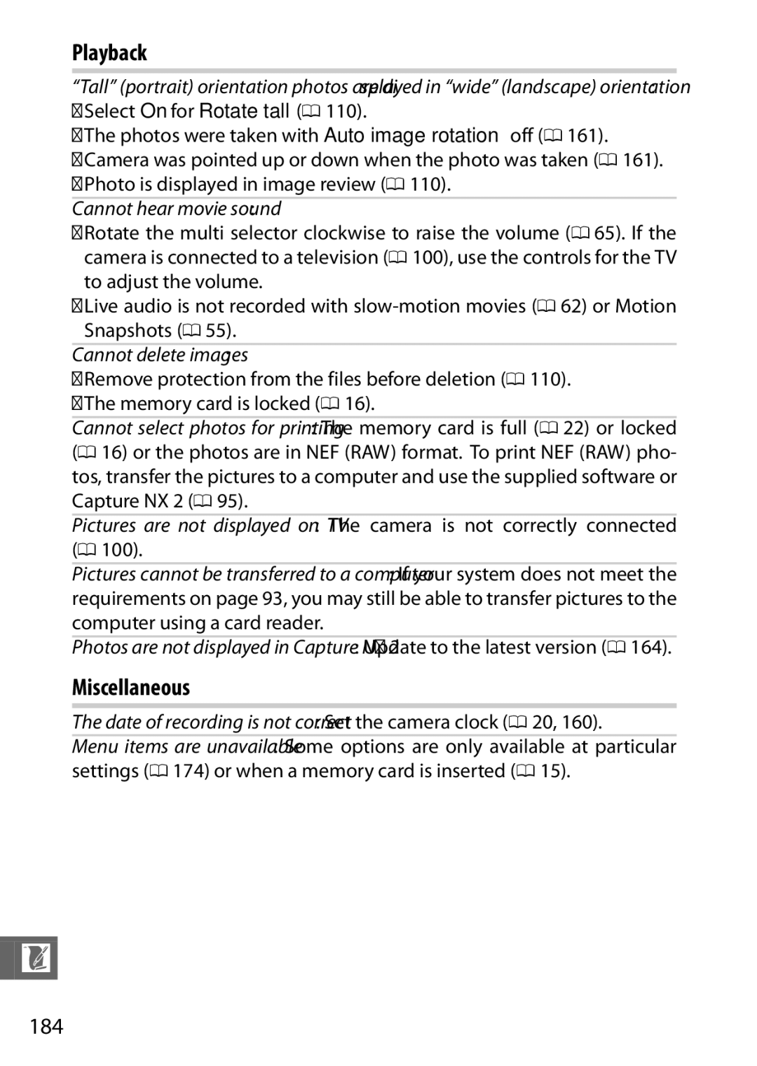 Nikon 27631, 27619, S1 White, S1 Red, 27629 manual Miscellaneous, Cannot hear movie sound, Cannot delete images 