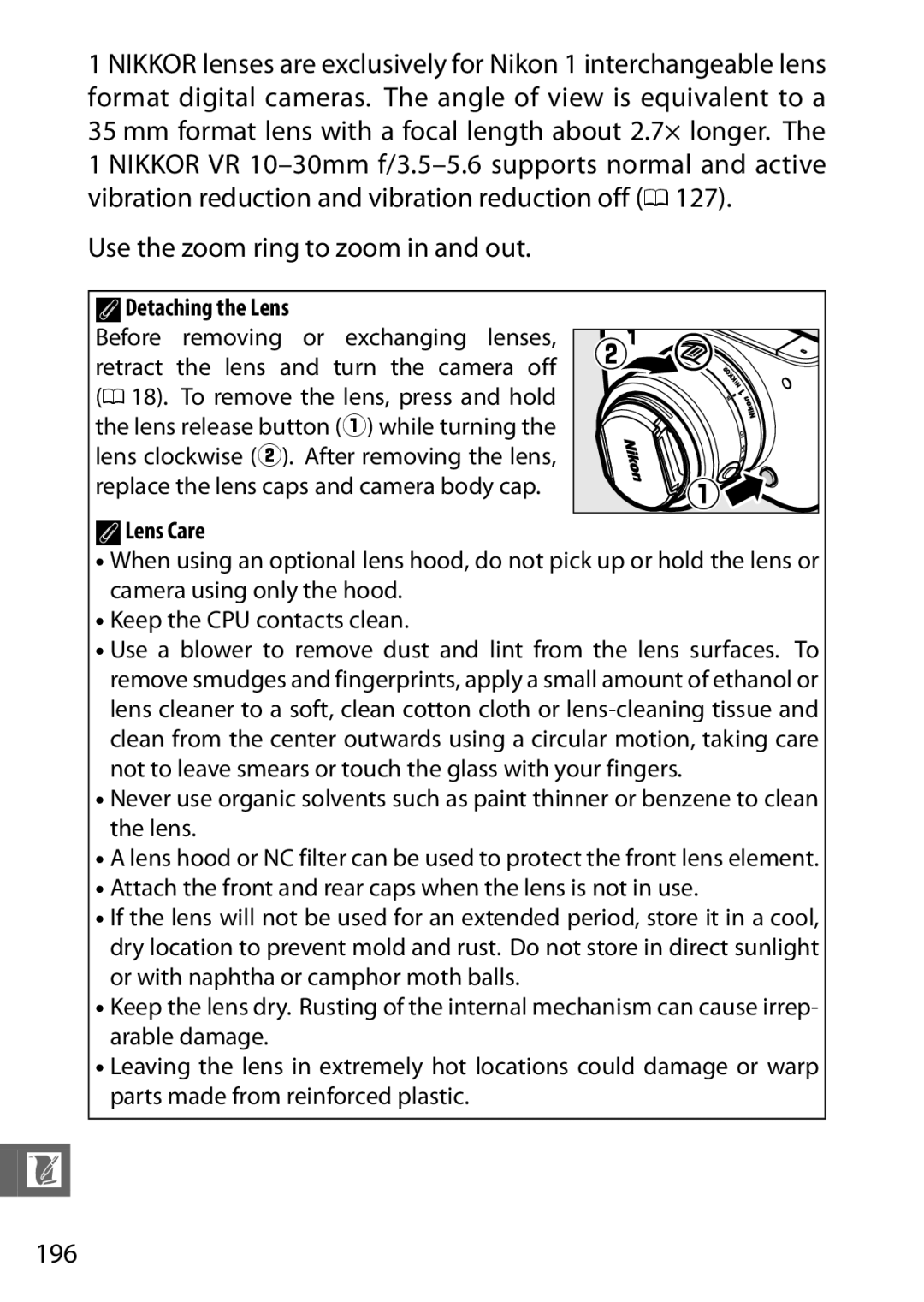 Nikon 27631, 27619, S1 White, S1 Red, 27629 manual Use the zoom ring to zoom in and out, 196, ADetaching the Lens, ALens Care 