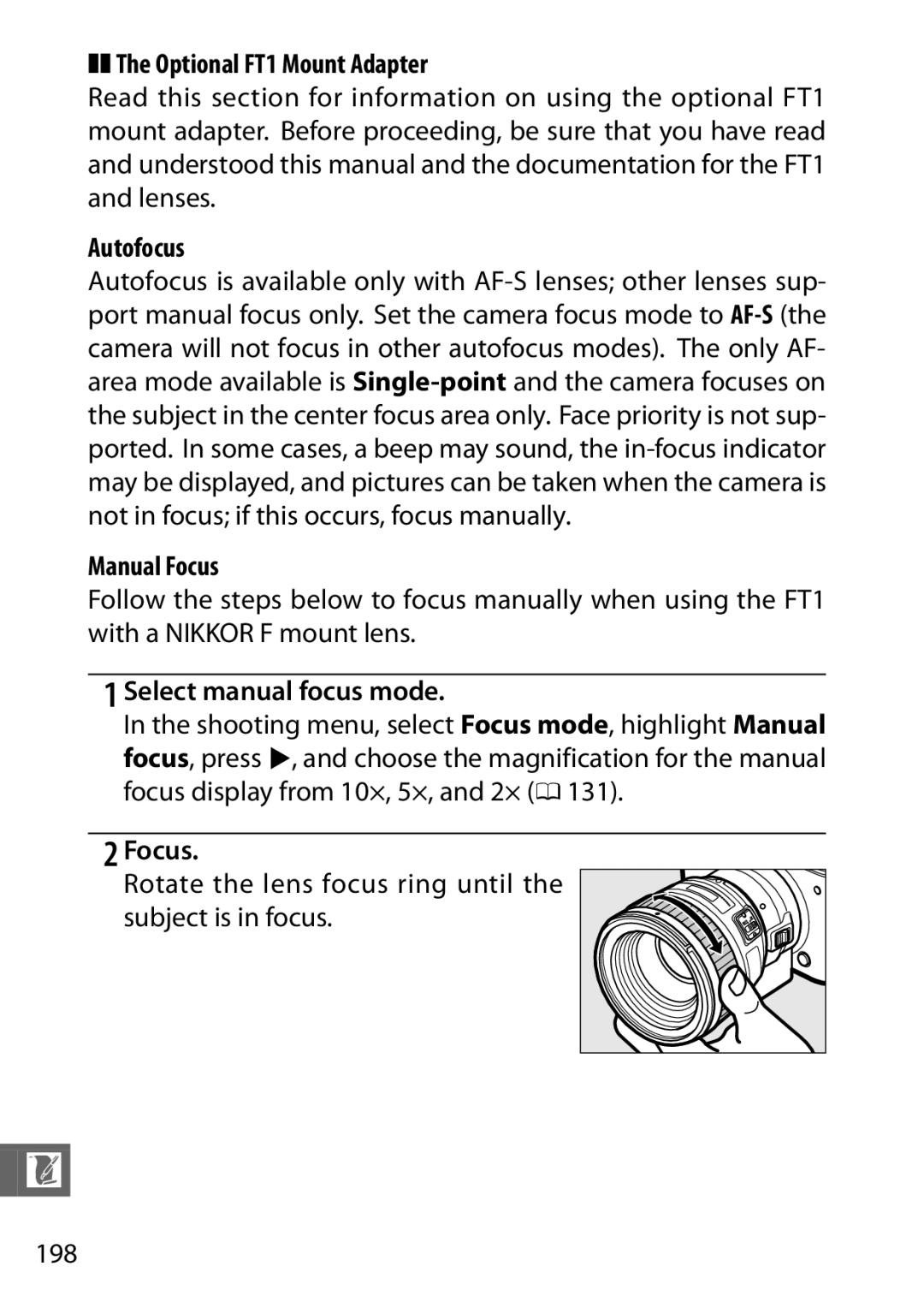 Nikon S1 White, 27631, 27619, S1 Red, 27629 Optional FT1 Mount Adapter, Autofocus, Manual Focus, Select manual focus mode 