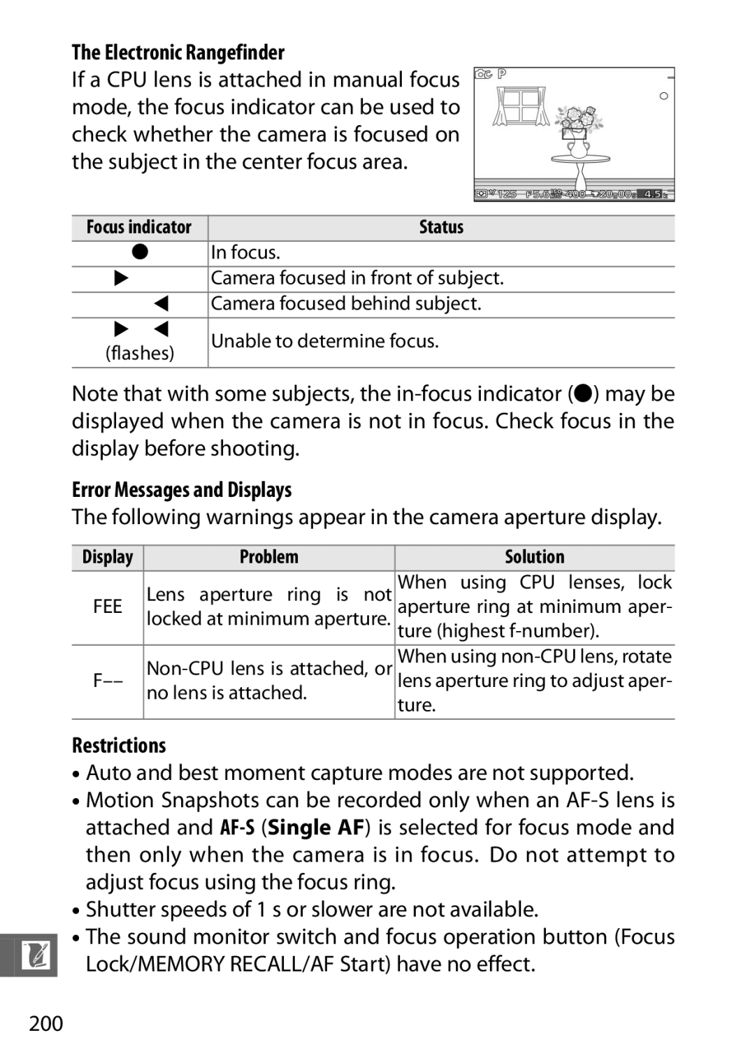 Nikon S1 Electronic Rangefinder, Error Messages and Displays, Following warnings appear in the camera aperture display 