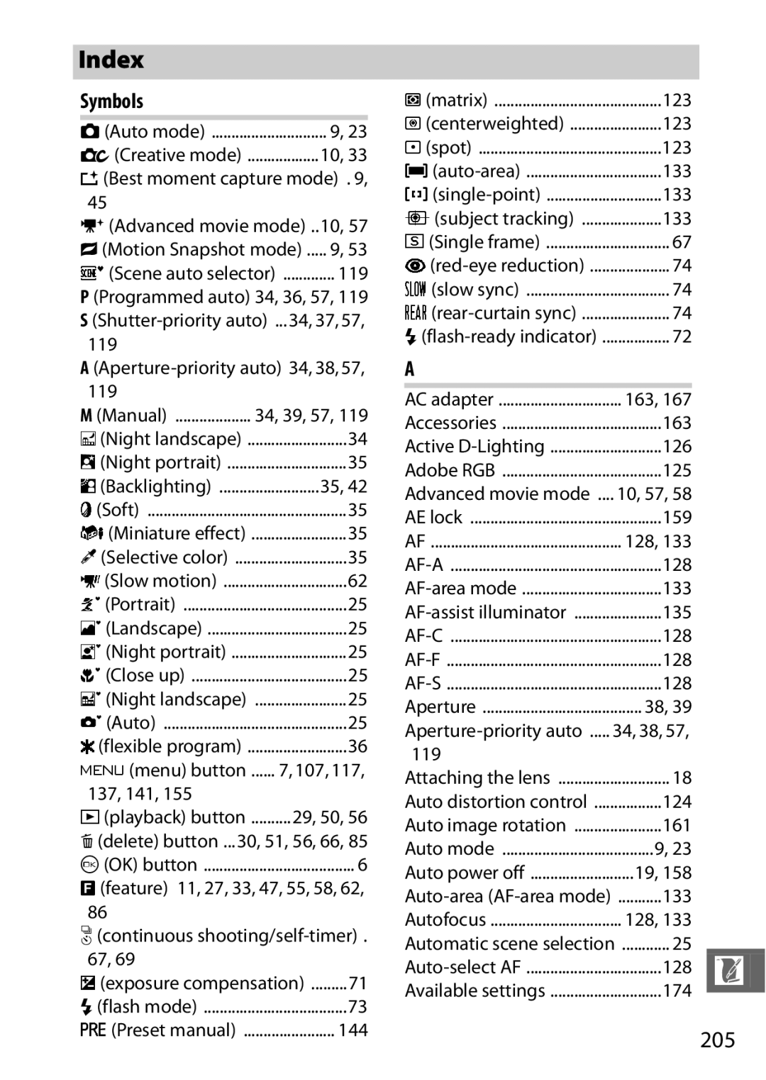 Nikon S1 Red, 27631, 27619, S1 White, 27629 manual Index, 205, Symbols 