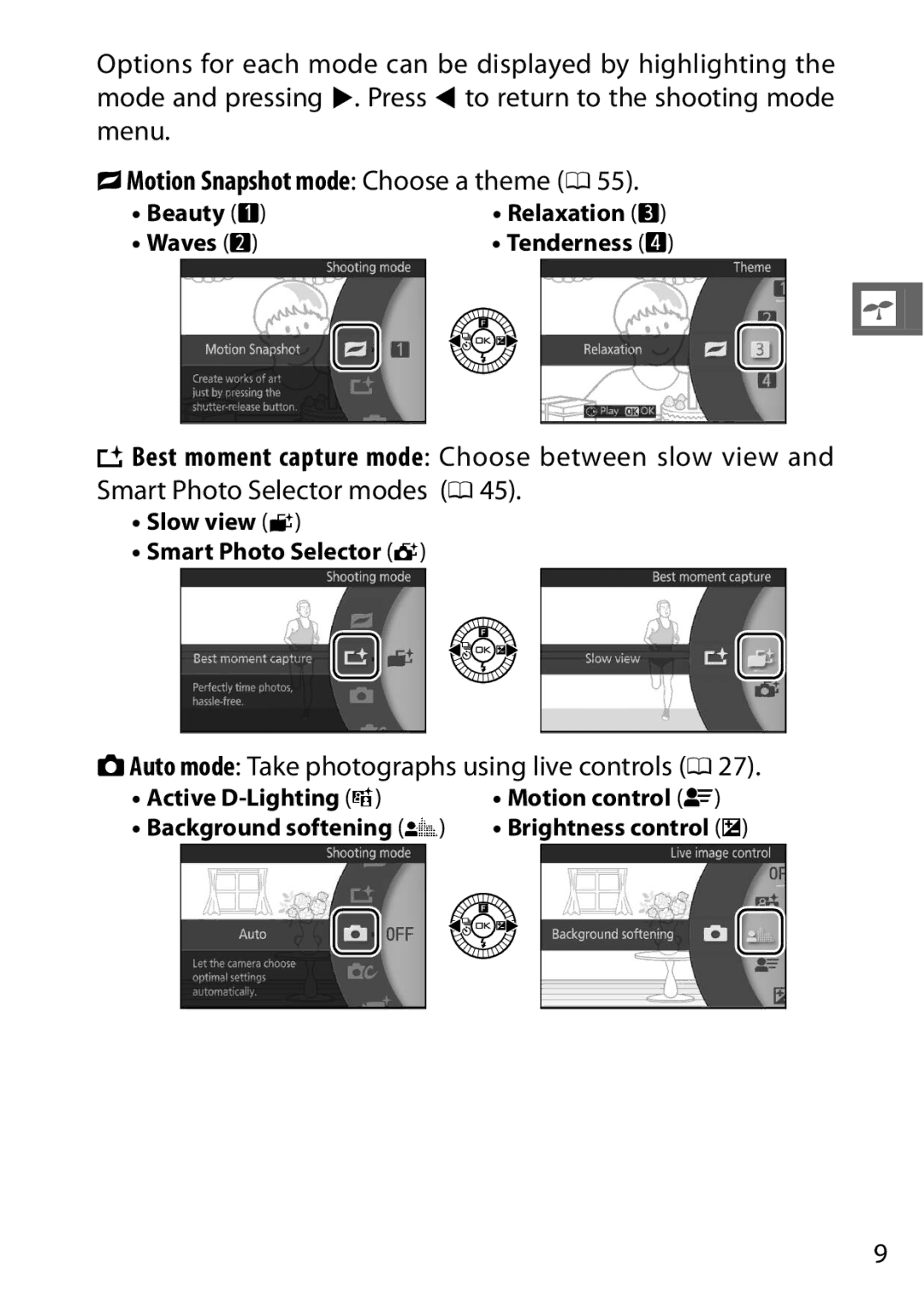 Nikon 27629, 27631, S1 CAuto mode Take photographs using live controls 0, Beauty, Waves, Slow view t Smart Photo Selector y 