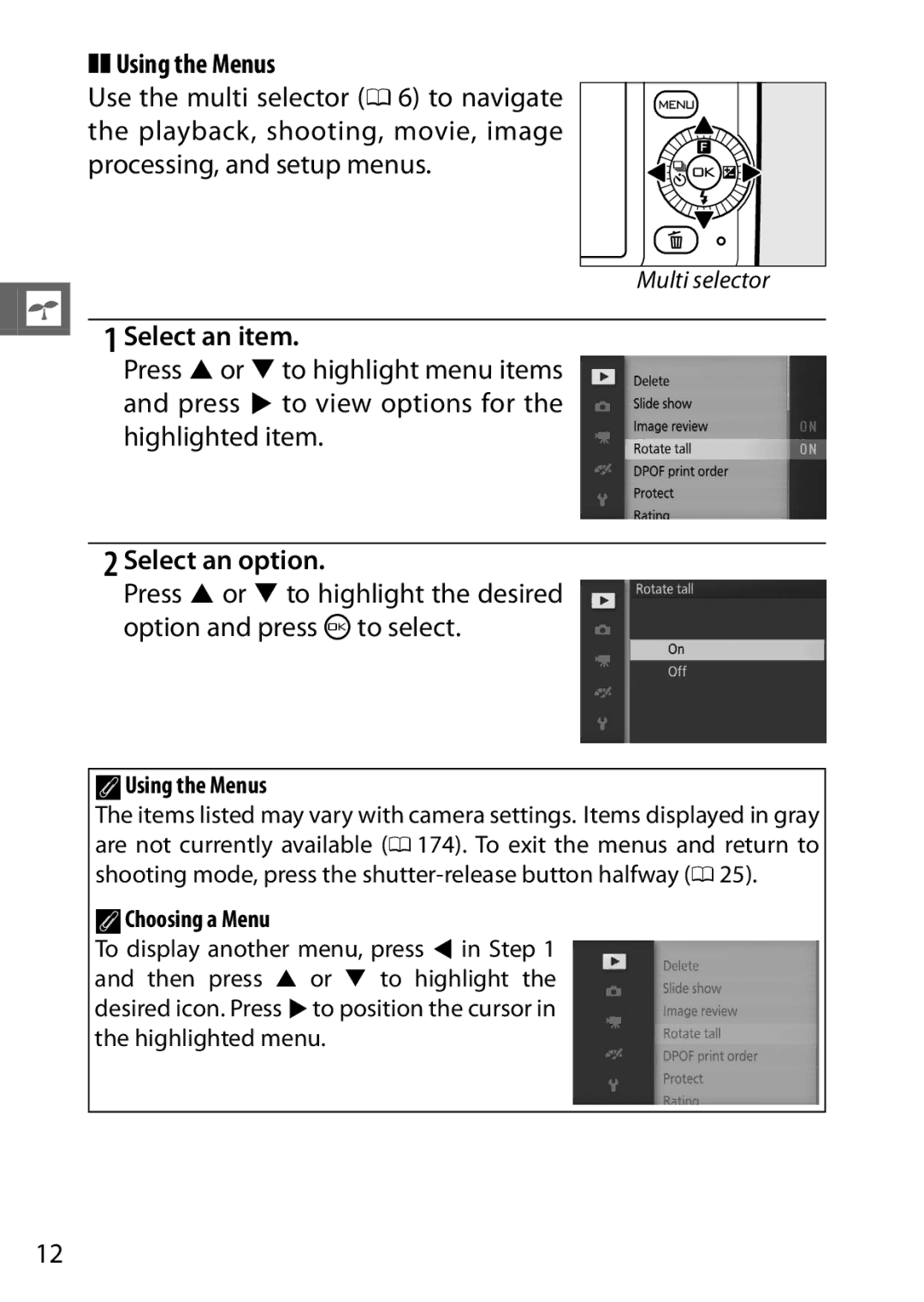 Nikon S1 White, 27631, 27619, S1 Red, 27629 manual Select an item, Select an option, AUsing the Menus, AChoosing a Menu 