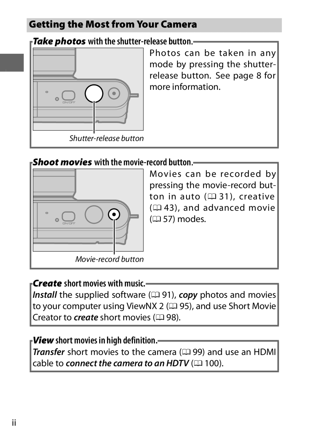 Nikon S1 Shoot movies with the movie-record button, Create short movies with music, View short movies in high definition 