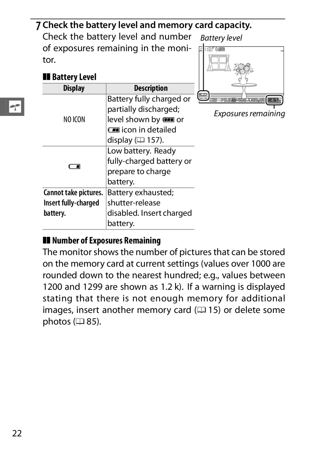 Nikon 27631, 27619, S1 White Check the battery level and memory card capacity, Battery Level, Number of Exposures Remaining 