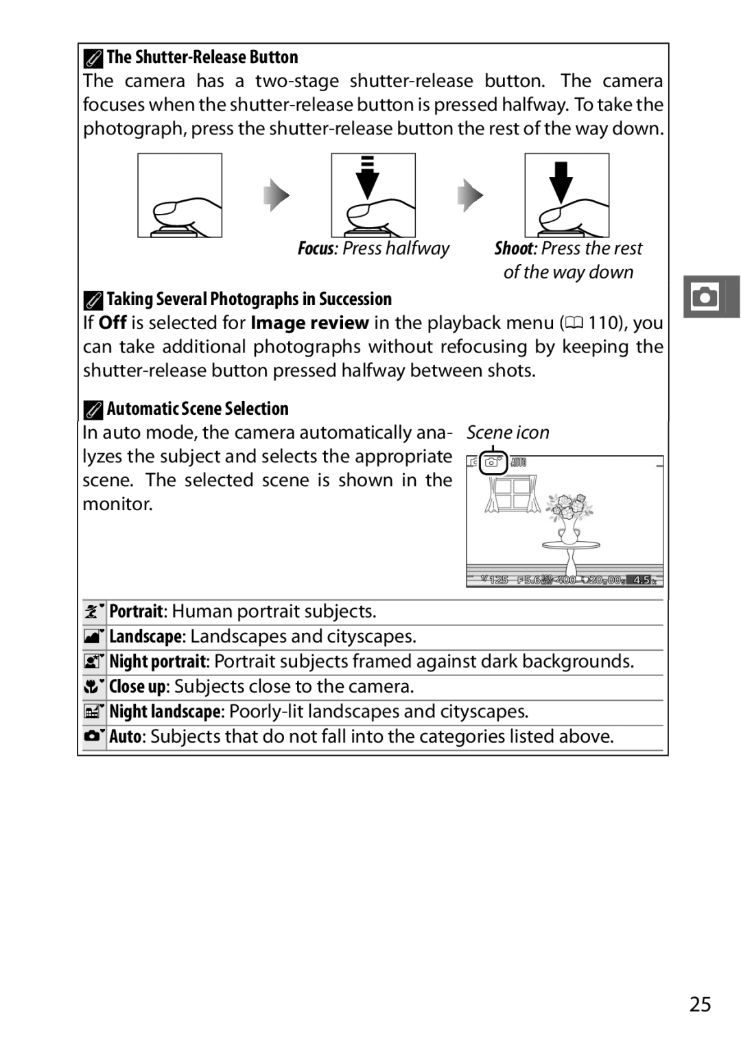 Nikon S1 Red, 27631 AThe Shutter-Release Button, ATaking Several Photographs in Succession, AAutomatic Scene Selection 