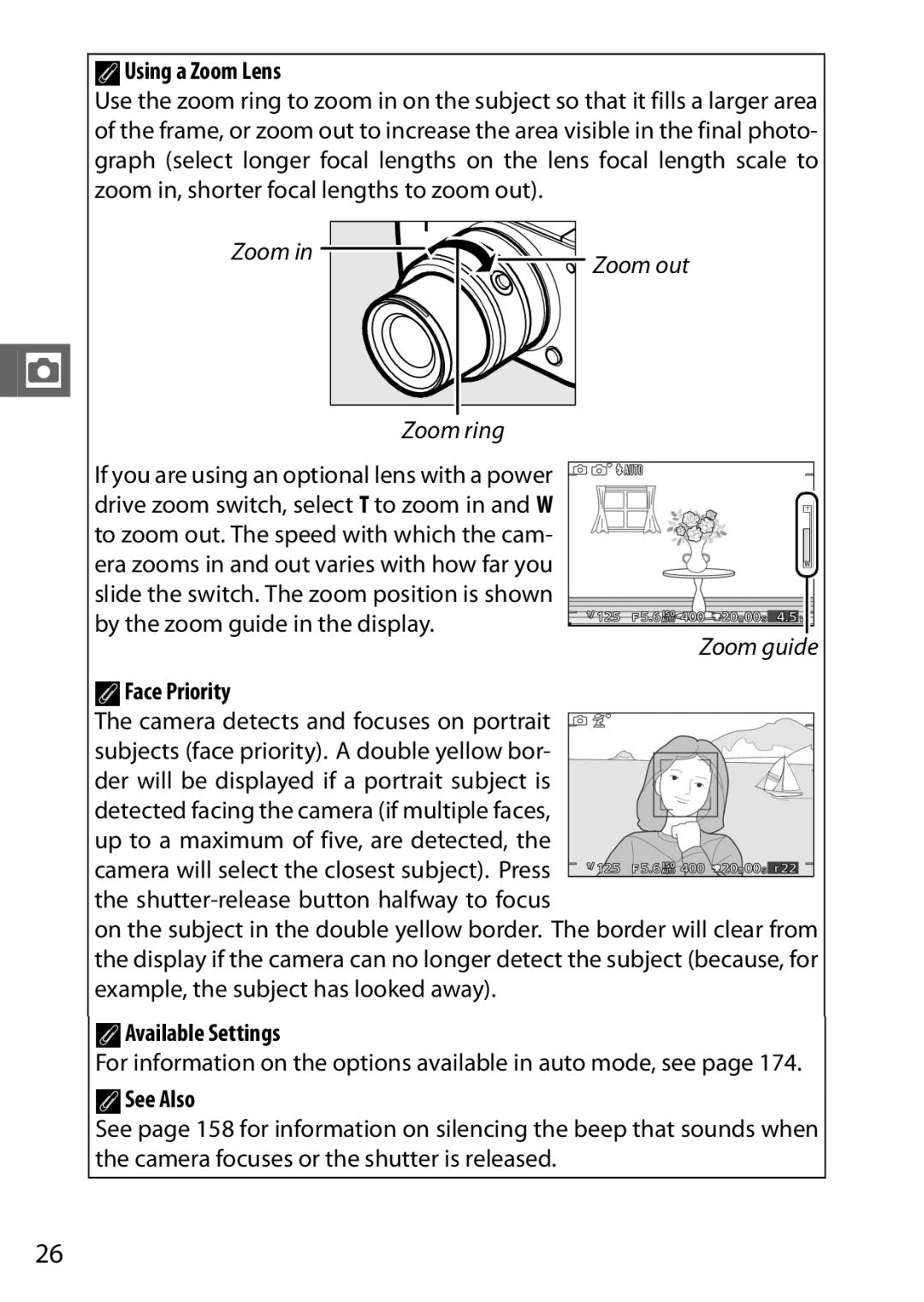 Nikon 27631, 27619, S1 White, S1 Red, 27629 manual AUsing a Zoom Lens, AFace Priority, AAvailable Settings 