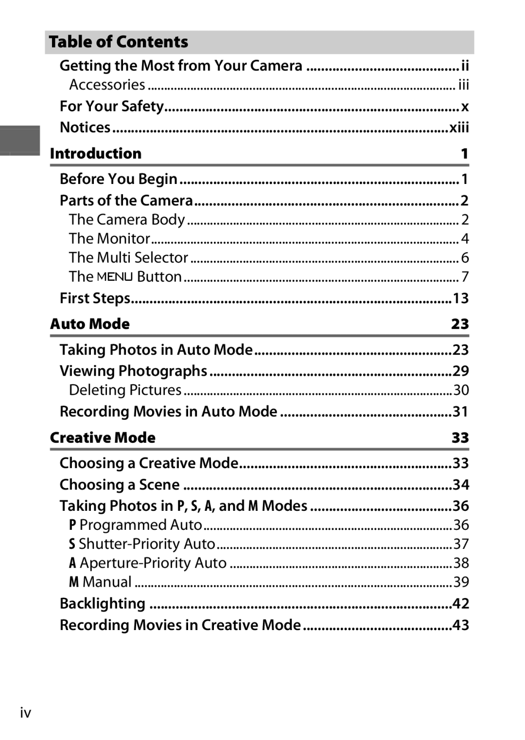 Nikon 27631, 27619, S1 White, S1 Red, 27629 manual Iii, Introduction, Auto Mode, Creative Mode, Xiii 