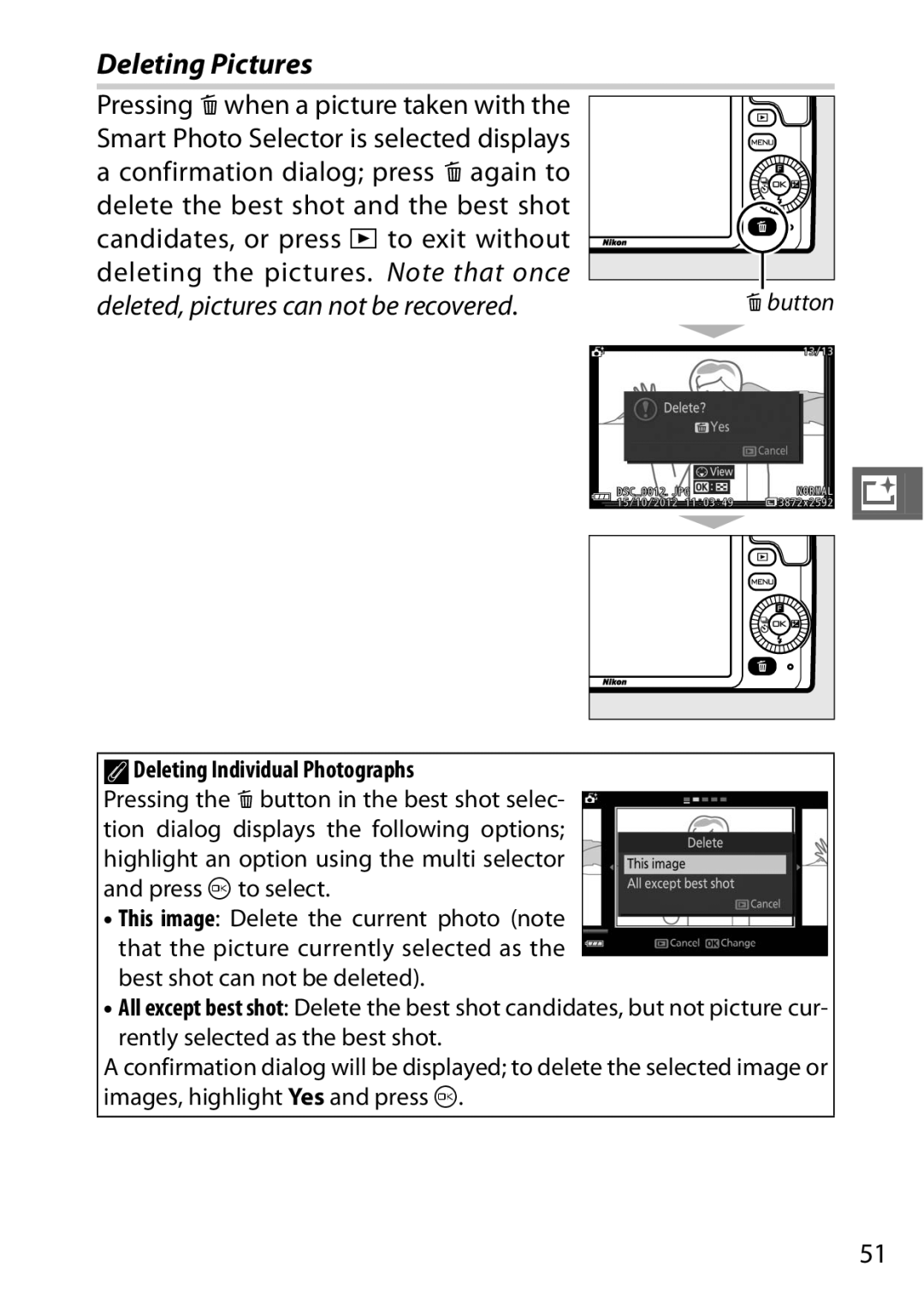 Nikon 27629, 27631, 27619, S1 White, S1 Red manual Deleted, pictures can not be recovered, ADeleting Individual Photographs 