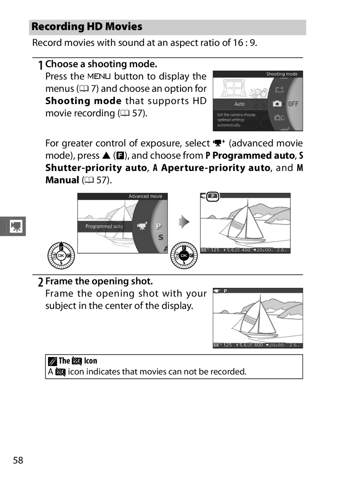 Nikon 27631, S1 Recording HD Movies, Record movies with sound at an aspect ratio of 16, Choose a shooting mode, AThe 0Icon 