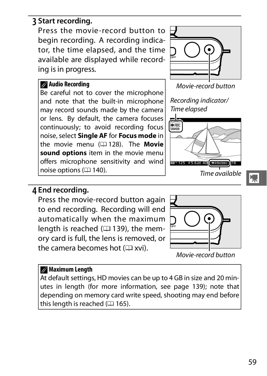 Nikon 27619, 27631, S1 White, S1 Red, 27629 manual Start recording, End recording, AAudio Recording, AMaximum Length 