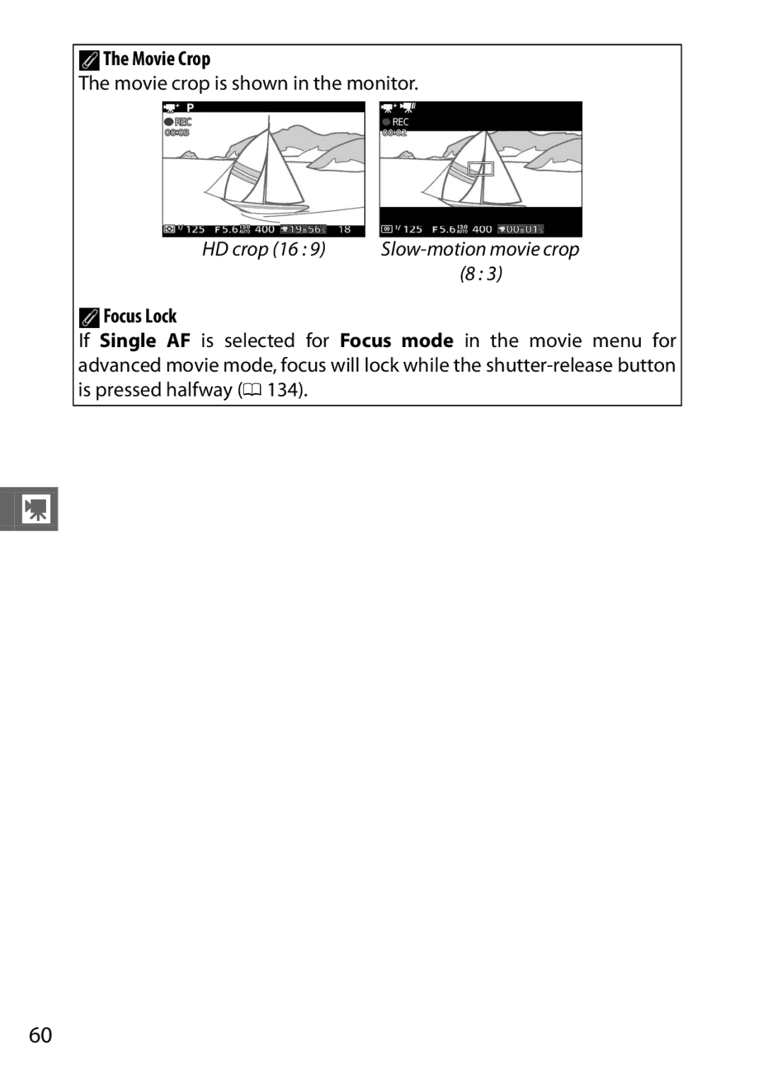 Nikon S1 White, 27631, 27619, S1 Red, 27629 manual AThe Movie Crop, Movie crop is shown in the monitor, AFocus Lock 