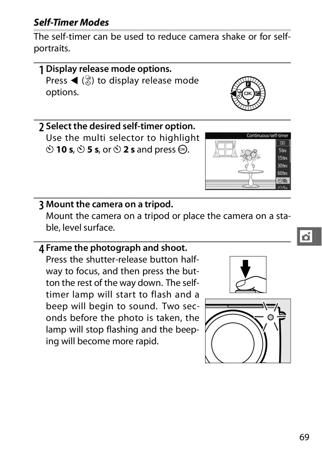 Nikon 27629, 27631, 27619, S1 White Self-Timer Modes, Select the desired self-timer option, Mount the camera on a tripod 