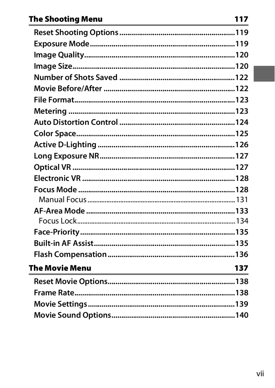 Nikon S1 Red Shooting Menu 117, 119, 120, 122, 123, 125, 126, 127, 128, 131, 133, 134, 135, 136, Movie Menu 137, 138, 139 