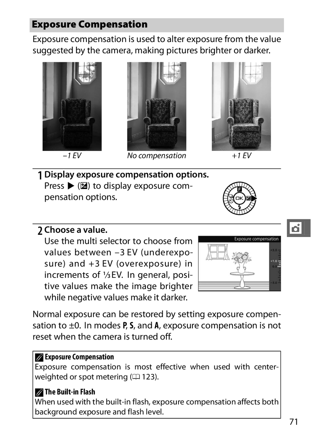 Nikon 27619, 27631, S1 White, S1 Red, 27629 manual AExposure Compensation, Built-in Flash 