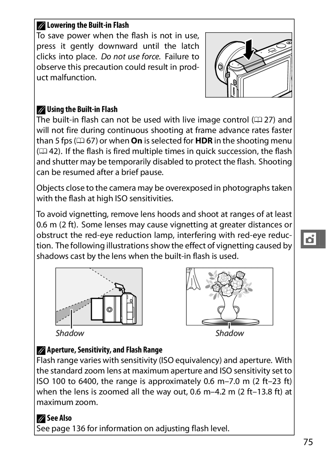 Nikon 27629, 27631, 27619 ALowering the Built-in Flash, AUsing the Built-in Flash, AAperture, Sensitivity, and Flash Range 