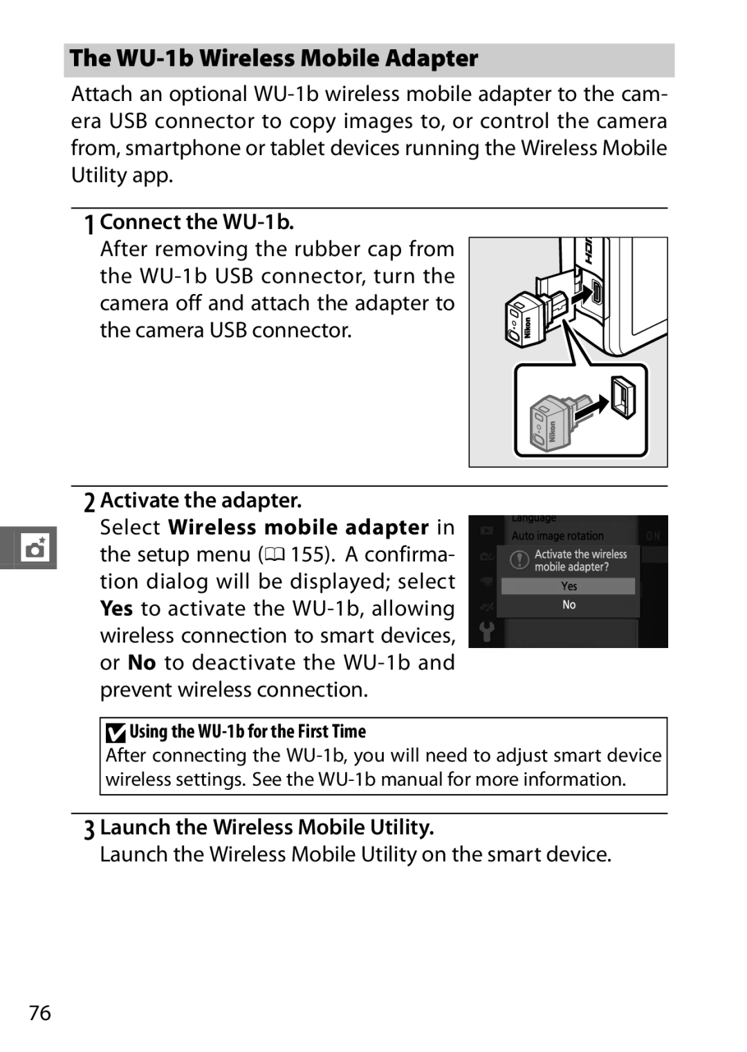 Nikon 27631, 27619, S1 White, S1 Red, 27629 WU-1b Wireless Mobile Adapter, Connect the WU-1b, Prevent wireless connection 