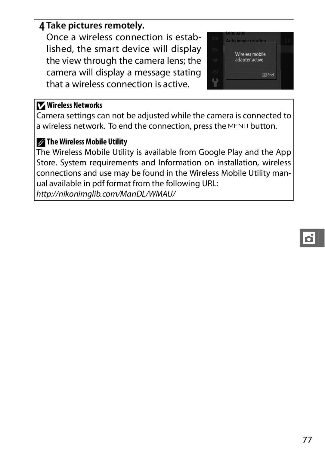 Nikon 27619, 27631, S1 White, S1 Red, 27629 manual Take pictures remotely, DWireless Networks, AThe Wireless Mobile Utility 