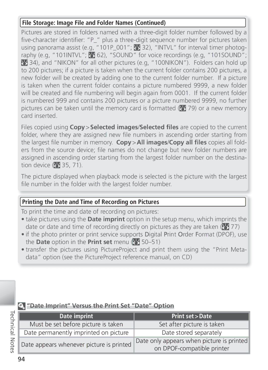 Nikon 27696, 27706, 27698, 27697, 27699 manual File Storage Image File and Folder Names, Date imprint Print set Date 