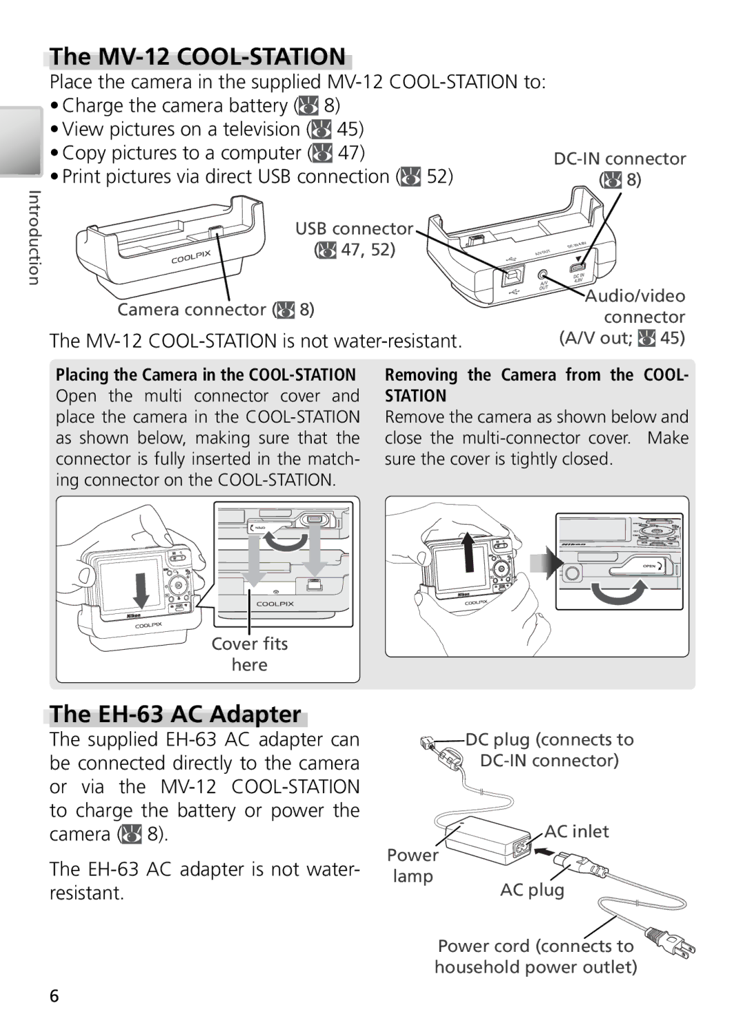 Nikon 27698, 27706, 27697, 27699, 27696 manual MV-12 COOL-STATION, EH-63 AC Adapter, Removing the Camera from the Cool 