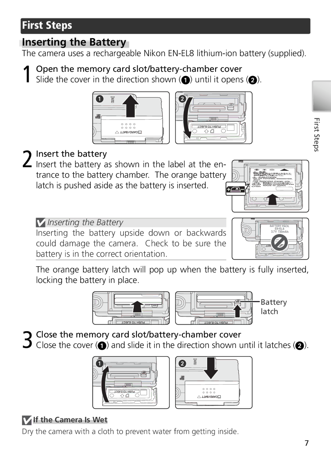 Nikon 27697, 27706, 27698, 27699, 27696 manual First Steps, Inserting the Battery, If the Camera Is Wet 