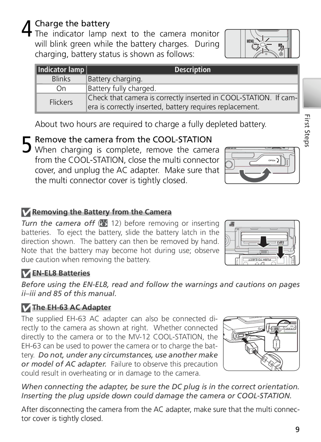 Nikon 27696, 27706, 27698, 27697, 27699 Description, Removing the Battery from the Camera, EN-EL8 Batteries, EH-63 AC Adapter 