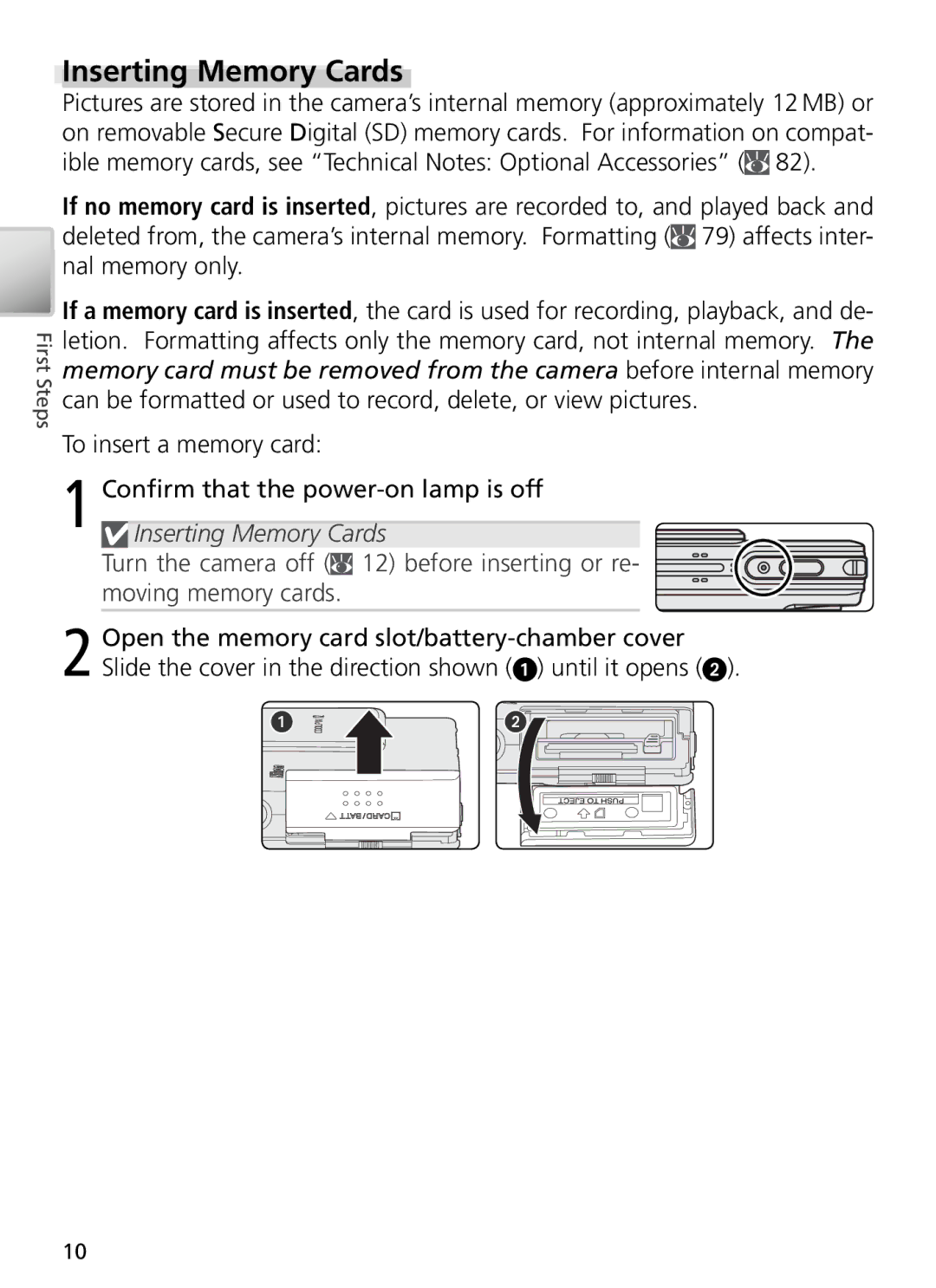 Nikon 27706, 27698, 27697, 27699, 27696 Inserting Memory Cards, To insert a memory card Conﬁrm that the power-on lamp is off 